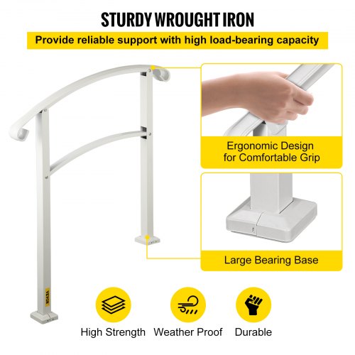 Matte White Stair Rail Wrought Iron Handrail With Installation Kit For Outdoor Steps 3Step Design 4