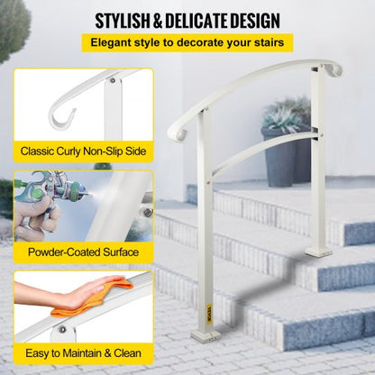 Matte White Stair Rail Wrought Iron Handrail With Installation Kit For Outdoor Steps 3Step Design 6