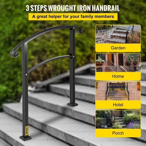 Matte Black Wrought Iron Stair Rail 3Step Handrail With Installation Kit For Outdoor Steps  Decks 2