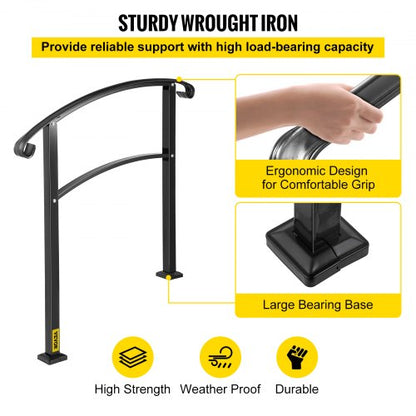 Matte Black Wrought Iron Stair Rail 3Step Handrail With Installation Kit For Outdoor Steps  Decks 4