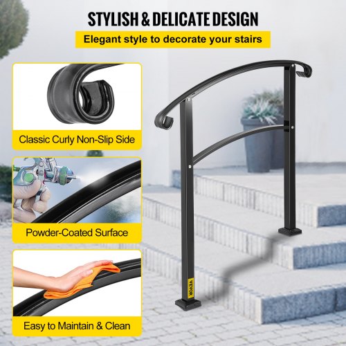 Matte Black Wrought Iron Stair Rail 3Step Handrail With Installation Kit For Outdoor Steps  Decks 6