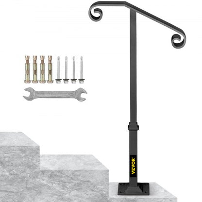 Single Post Wrought Iron Handrail, Matte Gray Outdoor Stair Railing for Concrete or Wooden Steps, Porch or Garden Safety