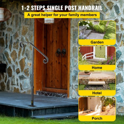 Single Post Wrought Iron Handrail, Matte Gray Outdoor Stair Railing for Concrete or Wooden Steps, Porch or Garden Safety