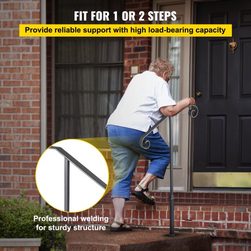 Single Post Wrought Iron Handrail, Matte Gray Outdoor Stair Railing for Concrete or Wooden Steps, Porch or Garden Safety