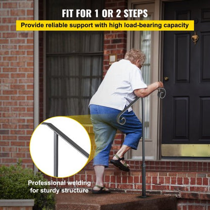 Single Post Wrought Iron Handrail, Matte Gray Outdoor Stair Railing for Concrete or Wooden Steps, Porch or Garden Safety