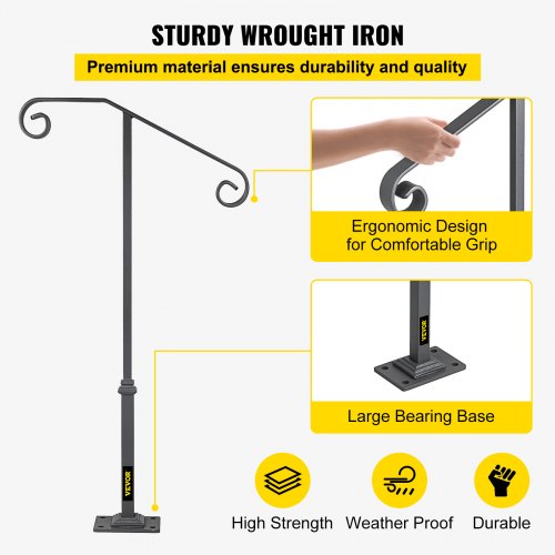 Single Post Wrought Iron Handrail, Matte Gray Outdoor Stair Railing for Concrete or Wooden Steps, Porch or Garden Safety