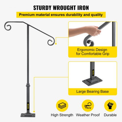Single Post Wrought Iron Handrail, Matte Gray Outdoor Stair Railing for Concrete or Wooden Steps, Porch or Garden Safety