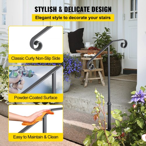 Single Post Wrought Iron Handrail, Matte Gray Outdoor Stair Railing for Concrete or Wooden Steps, Porch or Garden Safety