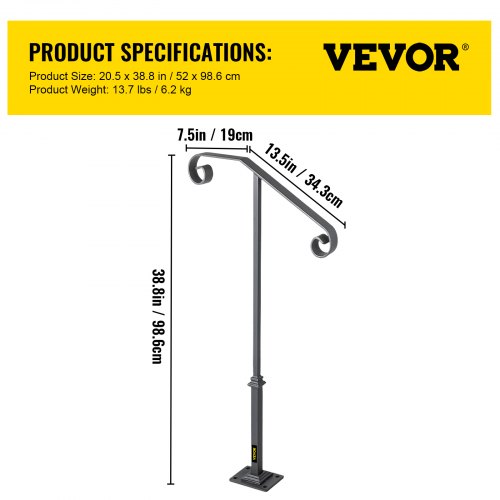 Single Post Wrought Iron Handrail, Matte Gray Outdoor Stair Railing for Concrete or Wooden Steps, Porch or Garden Safety
