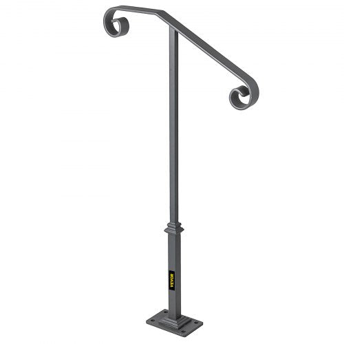Single Post Wrought Iron Handrail, Matte Gray Outdoor Stair Railing for Concrete or Wooden Steps, Porch or Garden Safety
