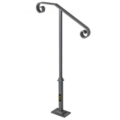 Single Post Wrought Iron Handrail, Matte Gray Outdoor Stair Railing for Concrete or Wooden Steps, Porch or Garden Safety