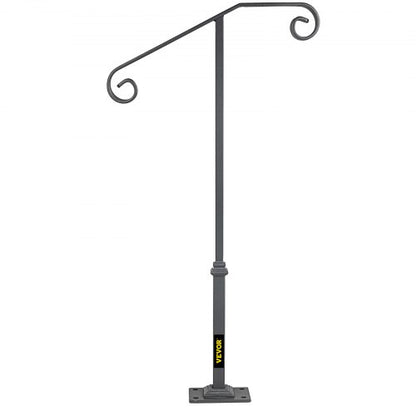 Single Post Wrought Iron Handrail, Matte Gray Outdoor Stair Railing for Concrete or Wooden Steps, Porch or Garden Safety