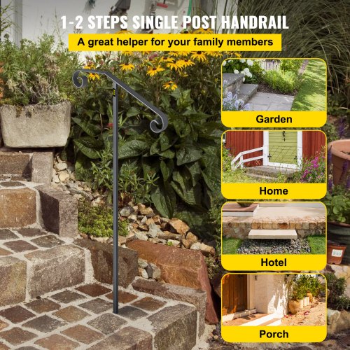 Single Post Handrail Wrought Iron Post Mount Step Grab Rail Fits 1 Or 2 Steps GroundMounted Long Po 1