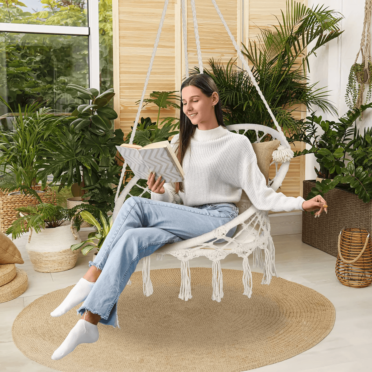 Beige Hammock Chair with Cotton Rope Macrame Design for Indoor and Outdoor Use