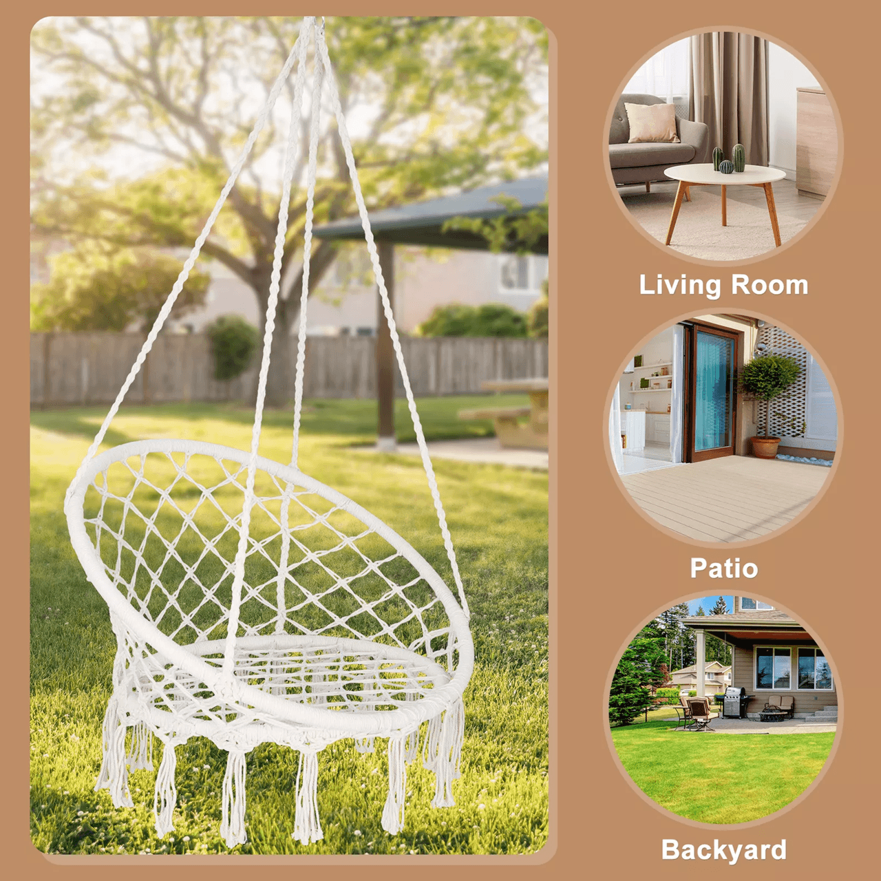Beige Hammock Chair With Cotton Rope Macrame Design For Indoor And Outdoor Use 3