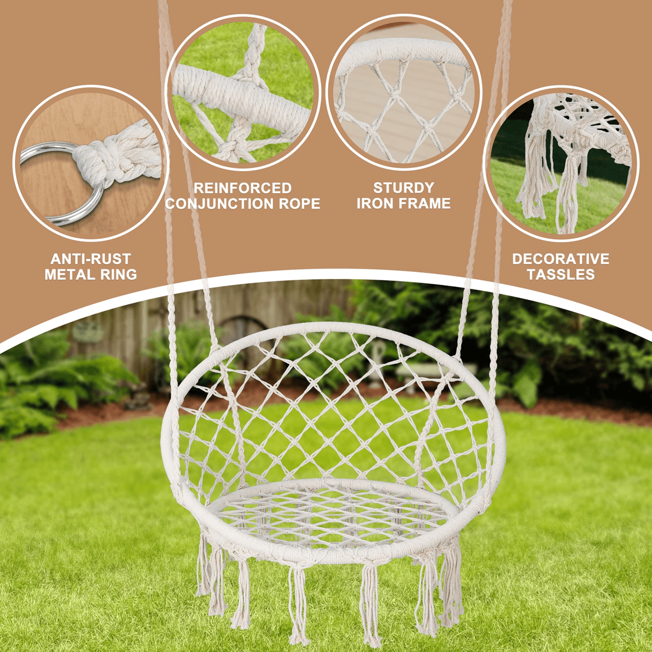 Beige Hammock Chair With Cotton Rope Macrame Design For Indoor And Outdoor Use 4