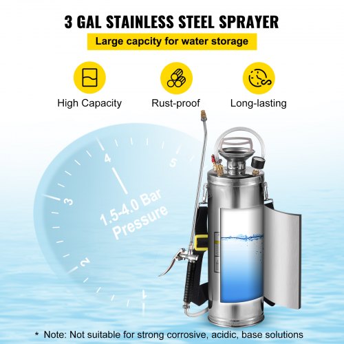 3 Gal Stainless Steel Hand Pump Sprayer With 3FT Reinforced Hose Adjustable Nozzle  Pressure Gauge 3
