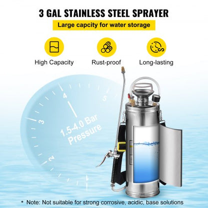 3 Gal Stainless Steel Hand Pump Sprayer With 3FT Reinforced Hose Adjustable Nozzle  Pressure Gauge 3