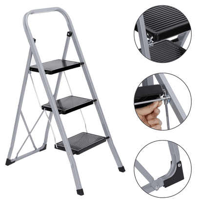 Three Step Folding Ladder with Handgrip and Wide Steps for Home Use
