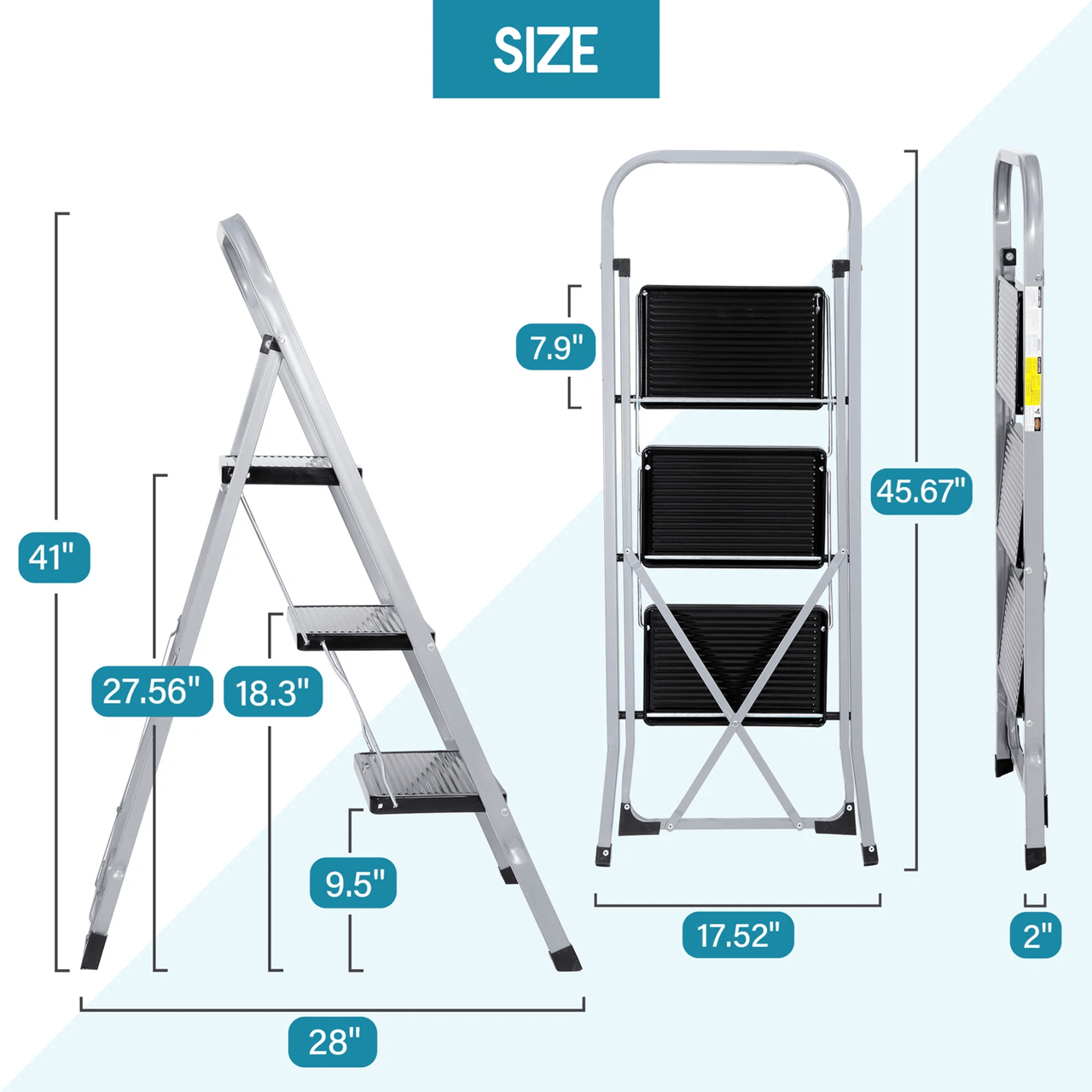 Three Step Folding Ladder With Handgrip And Wide Steps For Home Use 2