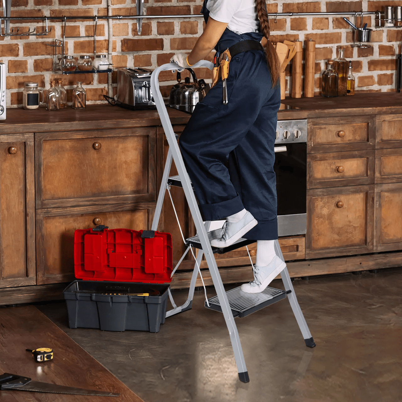 Three Step Folding Ladder With Handgrip And Wide Steps For Home Use 3