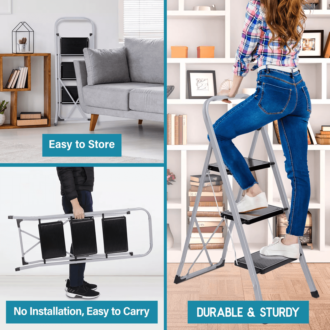 Three Step Folding Ladder With Handgrip And Wide Steps For Home Use 4