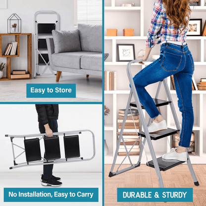 Three Step Folding Ladder With Handgrip And Wide Steps For Home Use 4