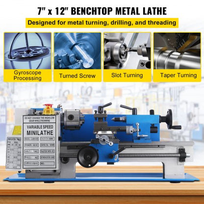 Mini Lathe Precision Bench Top Metal Working Lathe, Variable Speed 2250 RPM for Accurate Metal Cutting & Threading