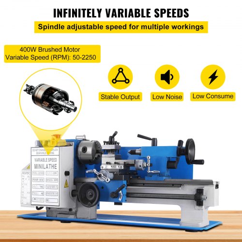 Mini Lathe Precision Bench Top Metal Working Lathe, Variable Speed 2250 RPM for Accurate Metal Cutting & Threading