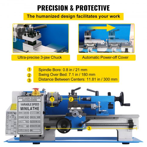 Mini Lathe Precision Bench Top Metal Working Lathe, Variable Speed 2250 RPM for Accurate Metal Cutting & Threading