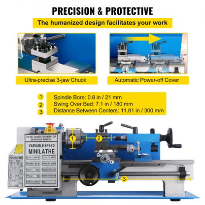 Mini Lathe Precision Bench Top Metal Working Lathe, Variable Speed 2250 RPM for Accurate Metal Cutting & Threading