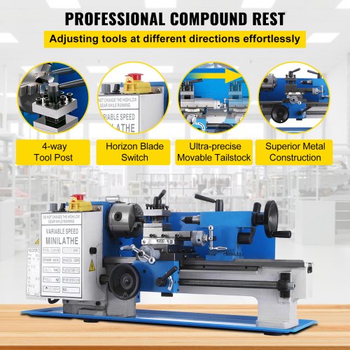 Mini Lathe Precision Bench Top Metal Working Lathe, Variable Speed 2250 RPM for Accurate Metal Cutting & Threading
