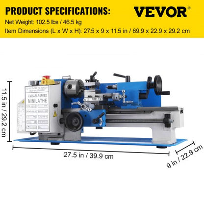 Mini Lathe Precision Bench Top Metal Working Lathe, Variable Speed 2250 RPM for Accurate Metal Cutting & Threading