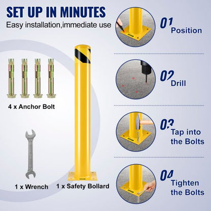Safety Barrier Bollard 36" Height, Heavy-Duty Yellow Steel Pipe with Anchor Bolts for Pedestrian, Warehouse