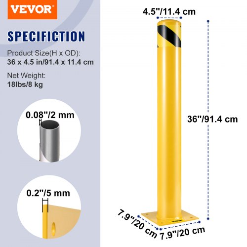 Safety Barrier Bollard 36" Height, Heavy-Duty Yellow Steel Pipe with Anchor Bolts for Pedestrian, Warehouse