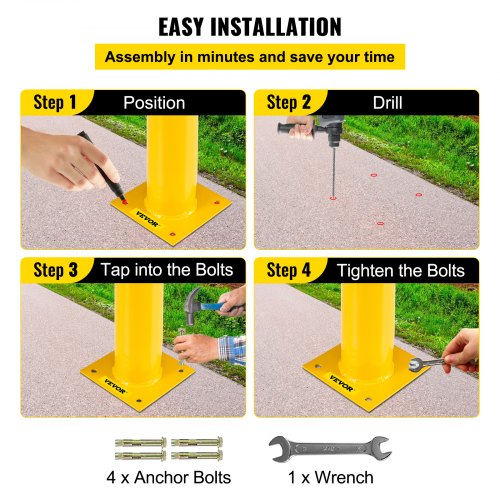 Heavy-Duty Steel Safety Bollard, Yellow Powder Coat Pipe Safety Barrier with Anchor Bolts, Ideal for High-Traffic Zones