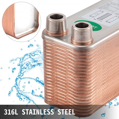 40 Plates Brazed Plate Heat Exchanger, 316L Stainless Steel, 3/4" MPT Ports, B3-12A for Beer Wort Chiller