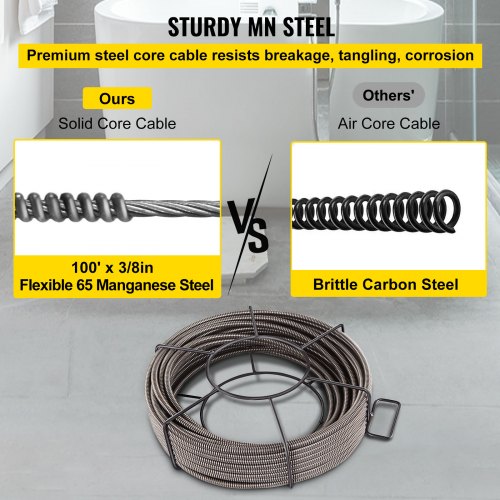 100ft Professional Drain Cleaning Cable 38 Solid Core Cable Sewer Snake For 24 Pipes HeavyDuty Drai 4