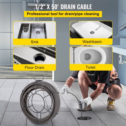 50ft X 12 Drain Cleaning Cable Premium Sewer Drain Auger Snake Pipe With 4 Cutters For Tough Clogs 1