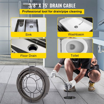 75ft X 38 Auger Snake Pipe Cleaner RustProof Sewer Drain Cable With 4 Cutters For Clog Removal 2