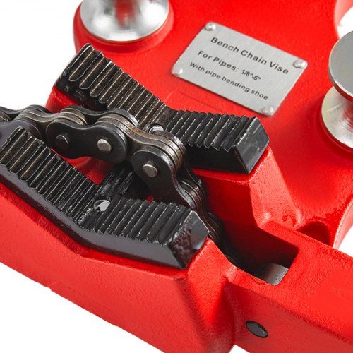 5-Inch Heavy Duty Bench Vise, Cast Iron Chain Pipe Clamp with Neoprene-Coated Jaw & Smooth Crank Handle Operation