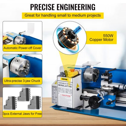 7x12 Metal Lathe Machine 550W HighPrecision Mini Lathe With Variable Speed Nylon Gears  LED Lamp Fo 3