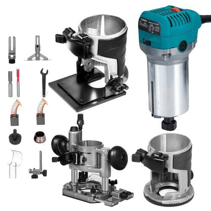 710W Compact Router Trimmer Kit, 1.25HP Variable Speed Wood Router with Fixed/Plunge Base, Max 30,000 RPM for Precision