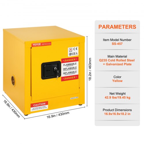Galvanized Steel Flammable Cabinet, Safety Storage with Adjustable Shelf, Lock for Industrial, Commercial, Home