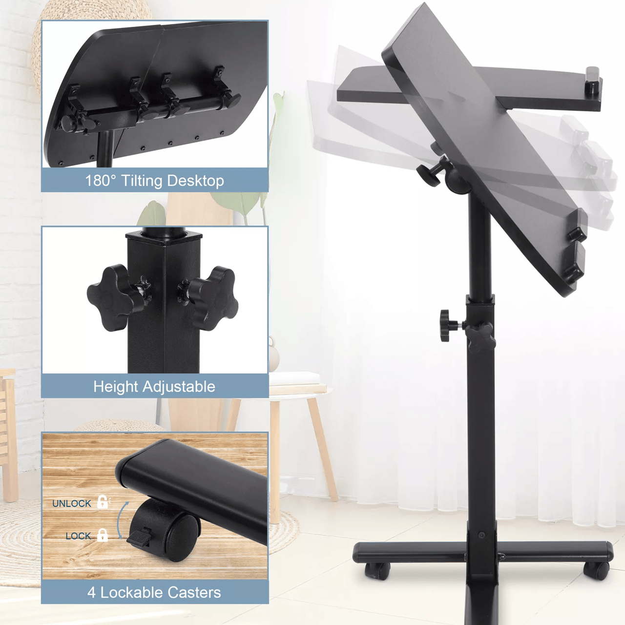 Adjustable Rolling Laptop Desk With Tilting Tabletop And Overbed Design 3