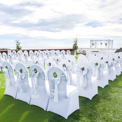 Universal Stretch Spandex Folding Chair Covers, 100-Pack Washable Arched Front Slipcovers for Weddings, Banquets