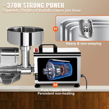 Electric Tomato Milling Machine, Stainless Steel Tomato Press & Strainer with 90-160 Kg/H Pure Copper Motor.