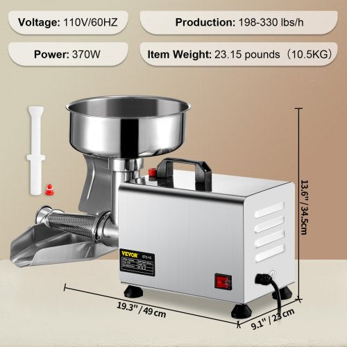 Electric Tomato Milling Machine, Stainless Steel Tomato Press & Strainer with 90-160 Kg/H Pure Copper Motor.