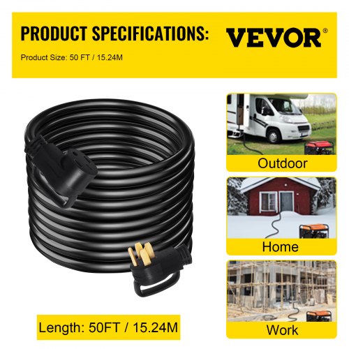 Heavy-Duty Amp RV Extension Cord, Durable Wire Diameter Power Supply Cable with Copper Wire & Plugs for Trailer, Camper