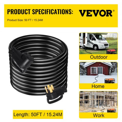 Heavy-Duty Amp RV Extension Cord, Durable Wire Diameter Power Supply Cable with Copper Wire & Plugs for Trailer, Camper